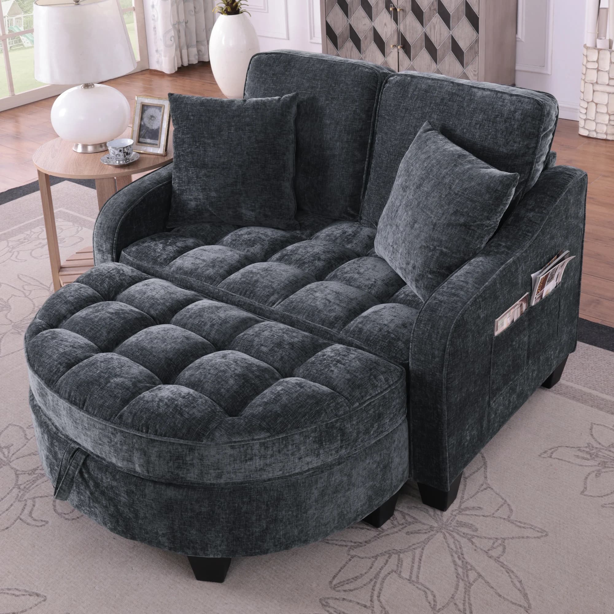 2‑in‑1 Multifunktionales Sofa-Bett mit Aufbewahrungshocker, aus umweltfreundlichem Eukalyptusholz, atmungsaktiver Chenille‑Bezug –