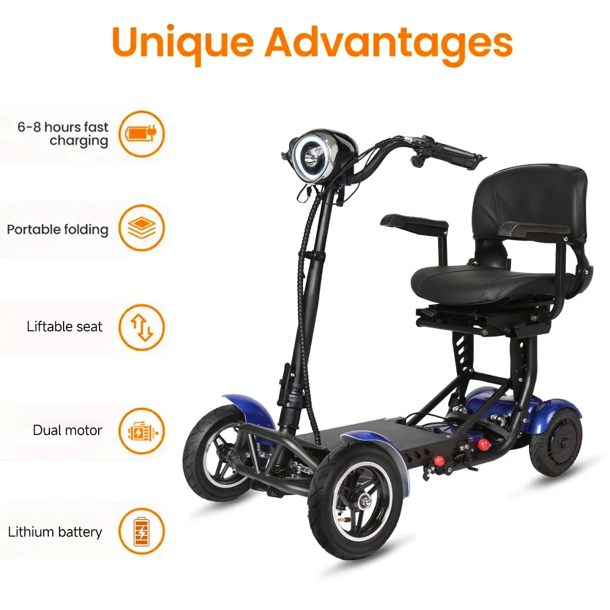 4-Rad-Mobilitätsroller, Elektroroller, Dual-500-W-Motor, 36 V, 18 Ah, Lithiumbatterie, leicht, faltbar, große Reichweite, 50 km