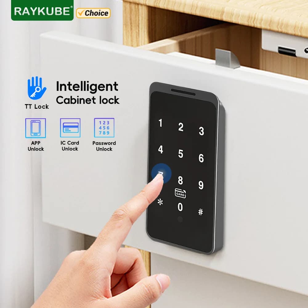 RAYKUBE TT-Schloss, Bluetooth, intelligentes digitales Holzschrankschloss, Schubladenschloss mit Passwort/Karte/APP-Entsperrung für