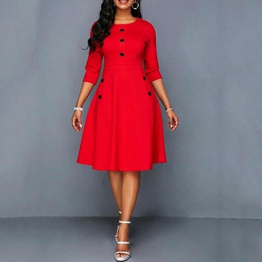 Elegante solide A-Linie Kleider für Frauen Mode O-Ausschnitt einreihiges Design Taschen Dekor hohe Taille Partykleid schlanke Vestidos