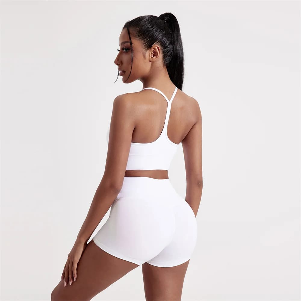 Einfarbig Weiche Frauen Gym Yoga Kurze Set Sexy Kreuz Zurück Y Glanz Sport-Bh + Hohe Taille Sport kurze Leggings 2pc Enge Sportlich