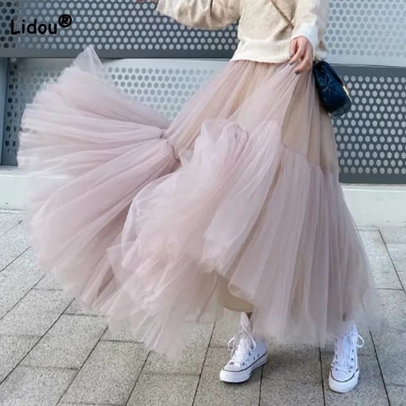 Koreanische Alle-spiel Weibliche Einfarbig Mesh Ballkleid Rock Elegante Mode Verstärktes Hohe Taille Fee Röcke Sommer frauen kleidung