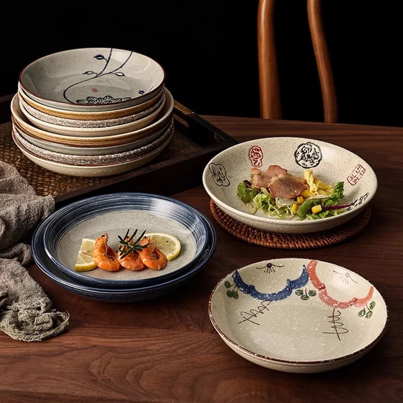 Japanische Retro Keramik Teller Pflanzen Blumen Keramik Teller Geschirr Hauptkurs Dekorative Runde Teller Haushaltsgeschirr
