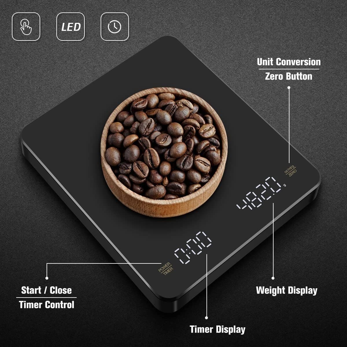 USB Digitale Kaffeewaage Wiederaufladbar LED-Bildschirm Timer 0,1g Hohe Genauigkeit Küchen-Espressowaage zum Brühen und Messen