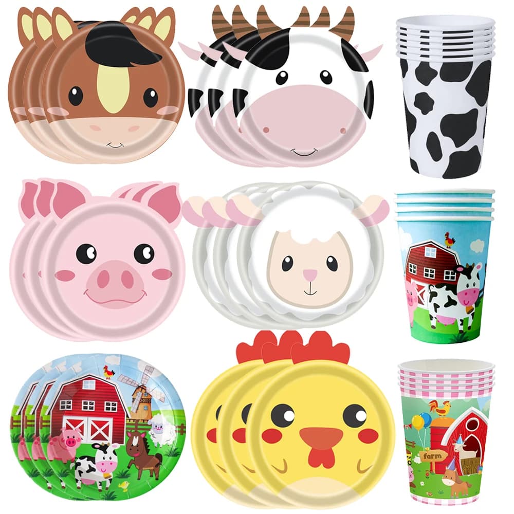 10/30/50Pcs Pappteller Kuh Pferde Schweine Bauernhof Tier Geformt Einweg Teller Tassen Scheunenhof Tier Thema geburtstag Party Liefert