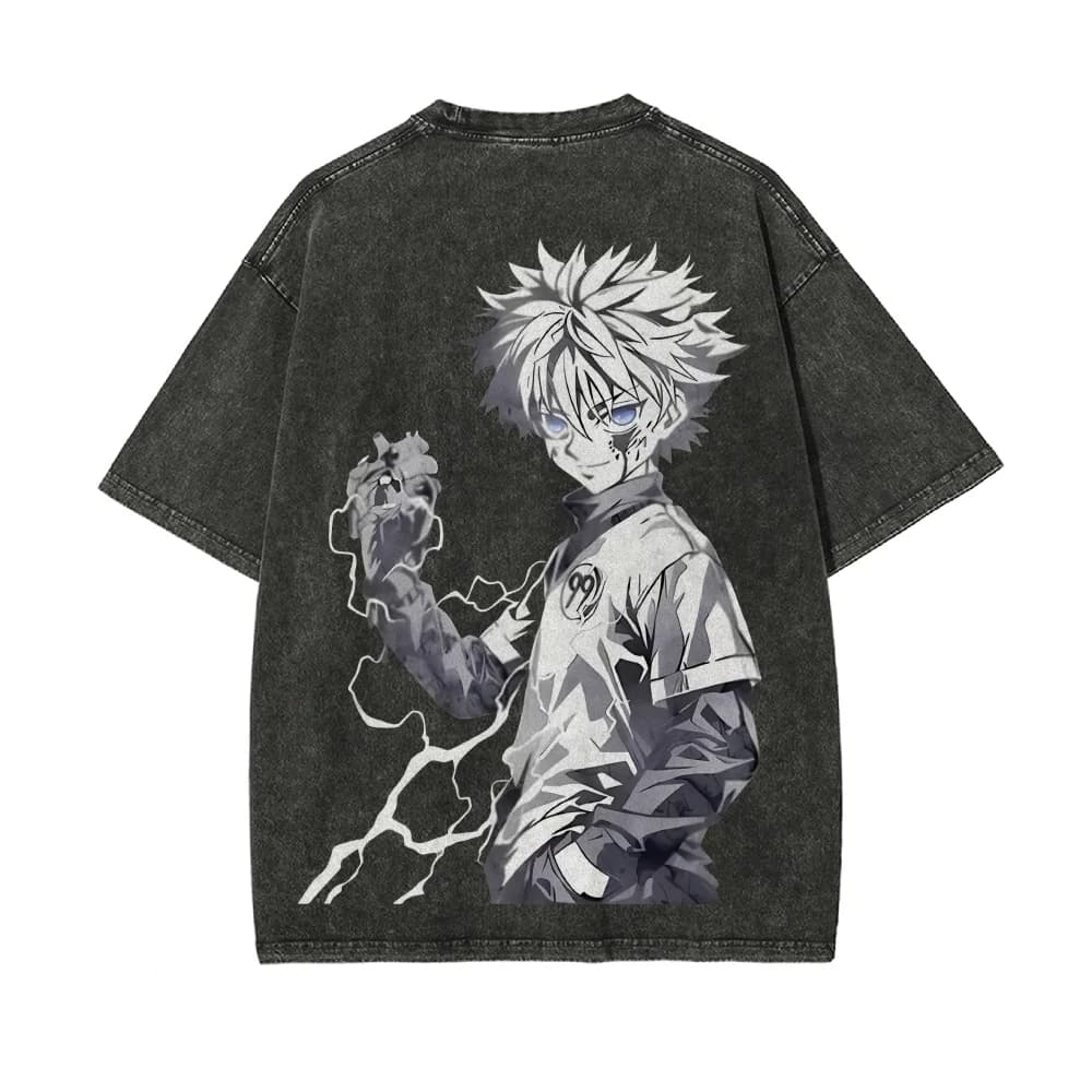 Anime Hunter × Hunter Vintage Washed T-Shirt Frühling Sommer Herren Damen T-Shirt Harajuku Streetwear Übergroßes Top Lässig Trendy