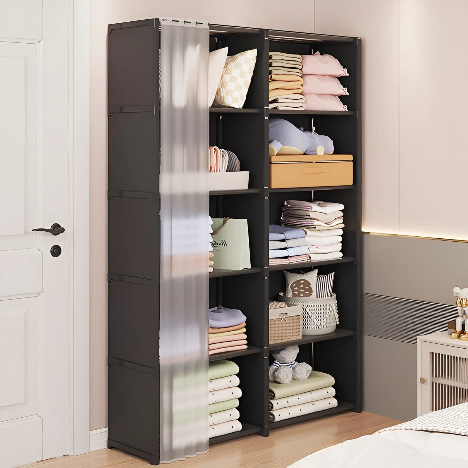 6-lagiger Schlafzimmer-Kleiderschrank, Aufbewahrungsregal, Kleiderschrank mit Vorhang – staubdichter Organizer für Steppdecken, Kleidung, Decken,