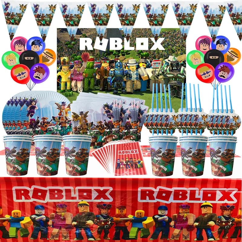 Roblox Alles Gute zum Geburtstag Dekoration Geschirr Set Pappteller Tasse Stroh Roblox Spiel Partyzubehör Latex Ballon Babyparty Dekor