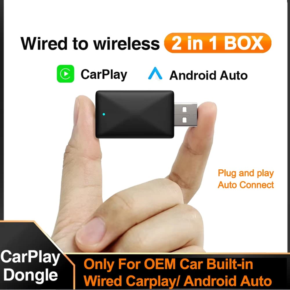 2in1 verkabelt mit kabellosem CarPlay-Android-Auto-Adapter für OEM-Autoradio mit USB-Stecker und Wiedergabe