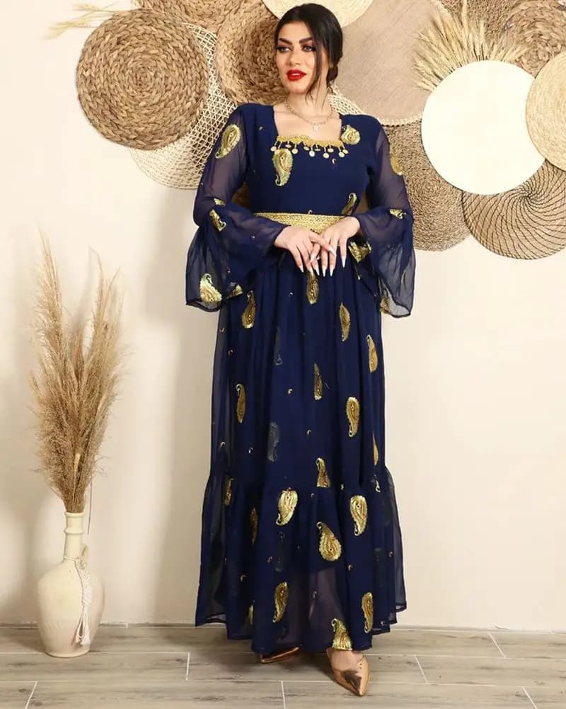 Frühling Chiffon Gesticktes Band Gürtel Kleid Sommer frauen Kleidung Sexy Lange Maxi Lose Muslimischen Abaya Langarm