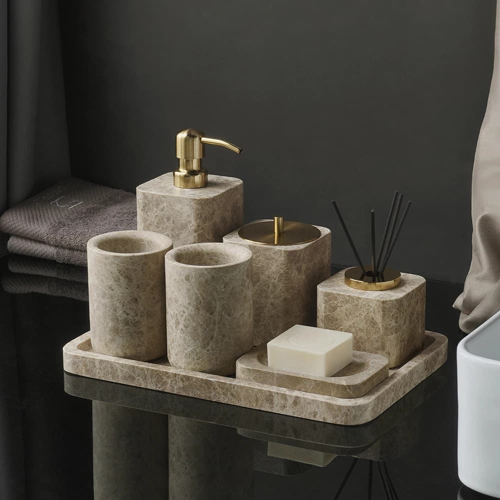 Emperador Badezimmer-Zubehör-Set aus hellem Naturmarmor, Seifenschale, Seifenhalter, Waschtisch-Tablett, Badezimmer-Set