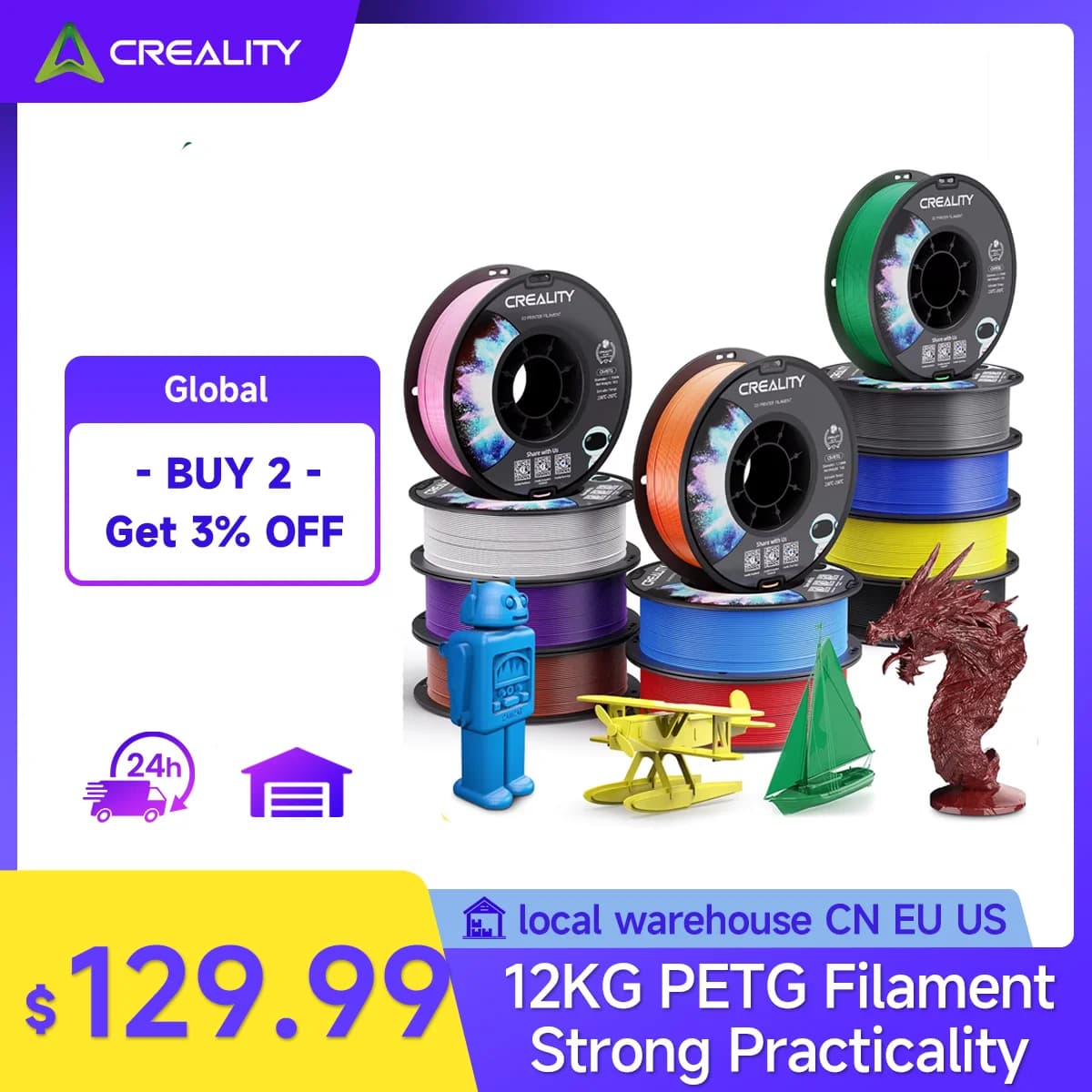 Creality PETG-Filament-3D-Drucker, 1,75 mm, umweltfreundlich, gute Zähigkeit, Mischfarbe, lokales Schiff, 3D-Drucker-Zubehör, 1/4/12 kg