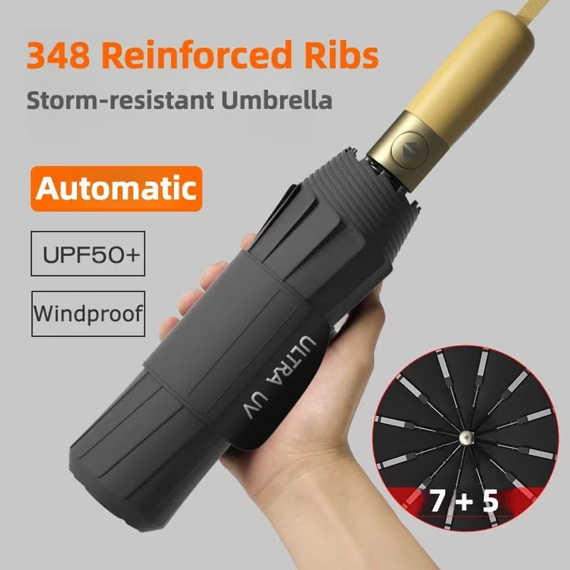 Sturmfester automatischer Regenschirm, winddicht, verstärkt, 348 Rippen, UV UPF 50+, faltbare Sonnenschirme und Regenschutz für Männer und Frauen