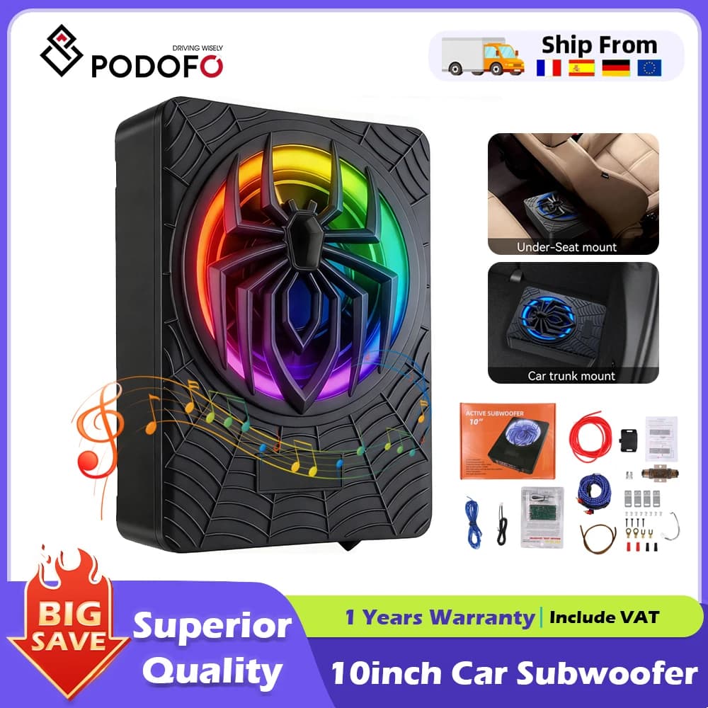 Podofo 10-Zoll Auto-Subwoofer 1200W Schlanker Untersitz-Subwoofer mit Eingebautem Verstärker 1 Stück mit Farbiger LED-Ambientebeleuchtung