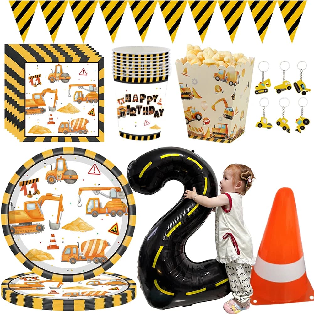 Bau Geburtstag Party Supplies Bau Wimpel Banner Muldenkipper Pappbecher Teller Serviette Popcorn Box 2. Geburtstag Deco