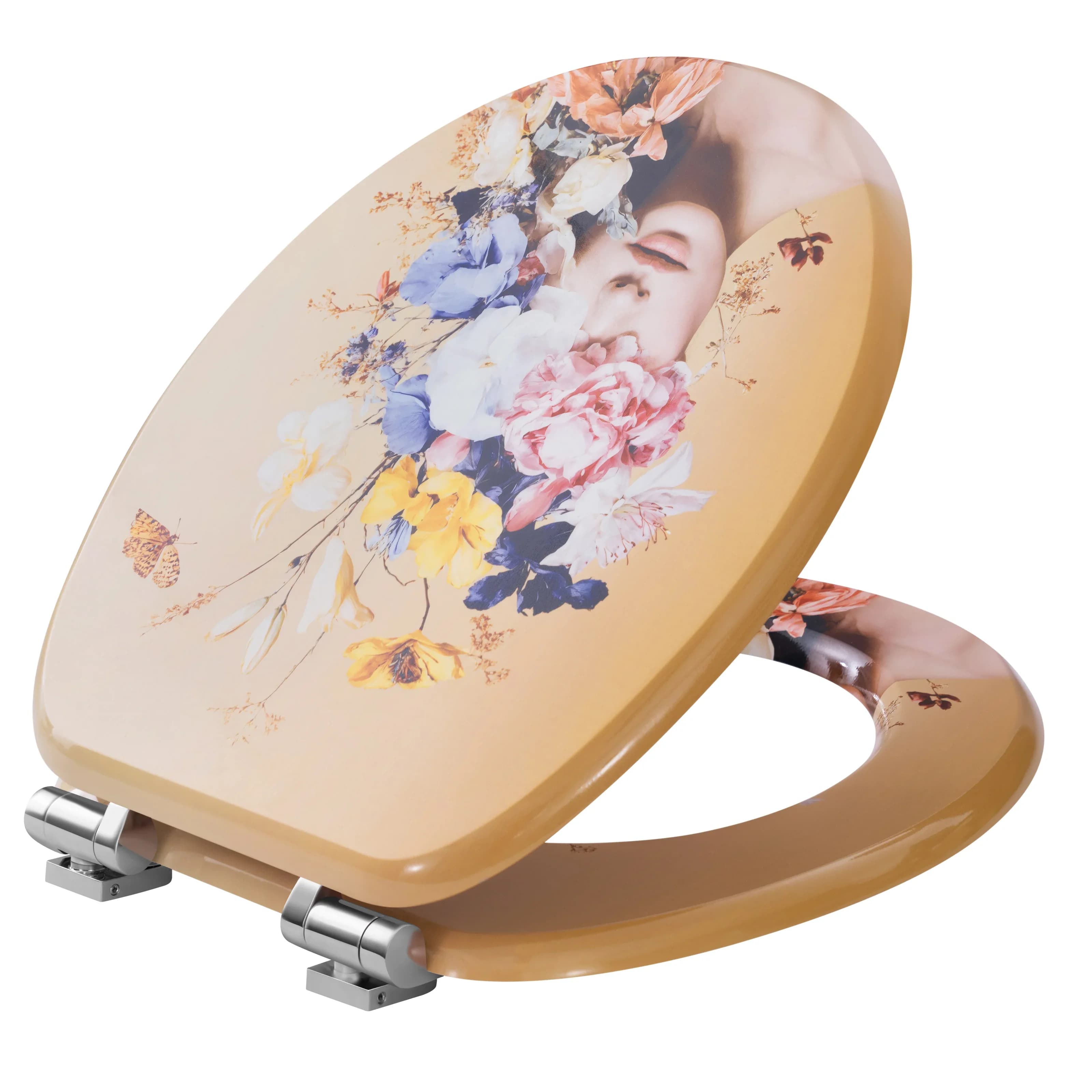 WOLTU O-förmiger ovaler Toilettendeckel aus Holz, weich geschlossener Toilettensitz, Schnellverschluss, bedruckte Dekoration für Badezimmer