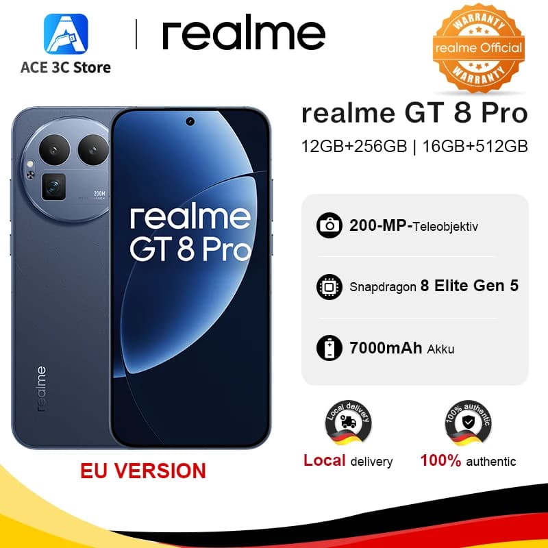 Europäische Version des realme GT 8 Pro 5G Smartphones mit Snapdragon 8 Elite Gen 5, 200-MP-Ultra-Clarity-Teleobjektiv, 7000-mAh-Akku und NFC