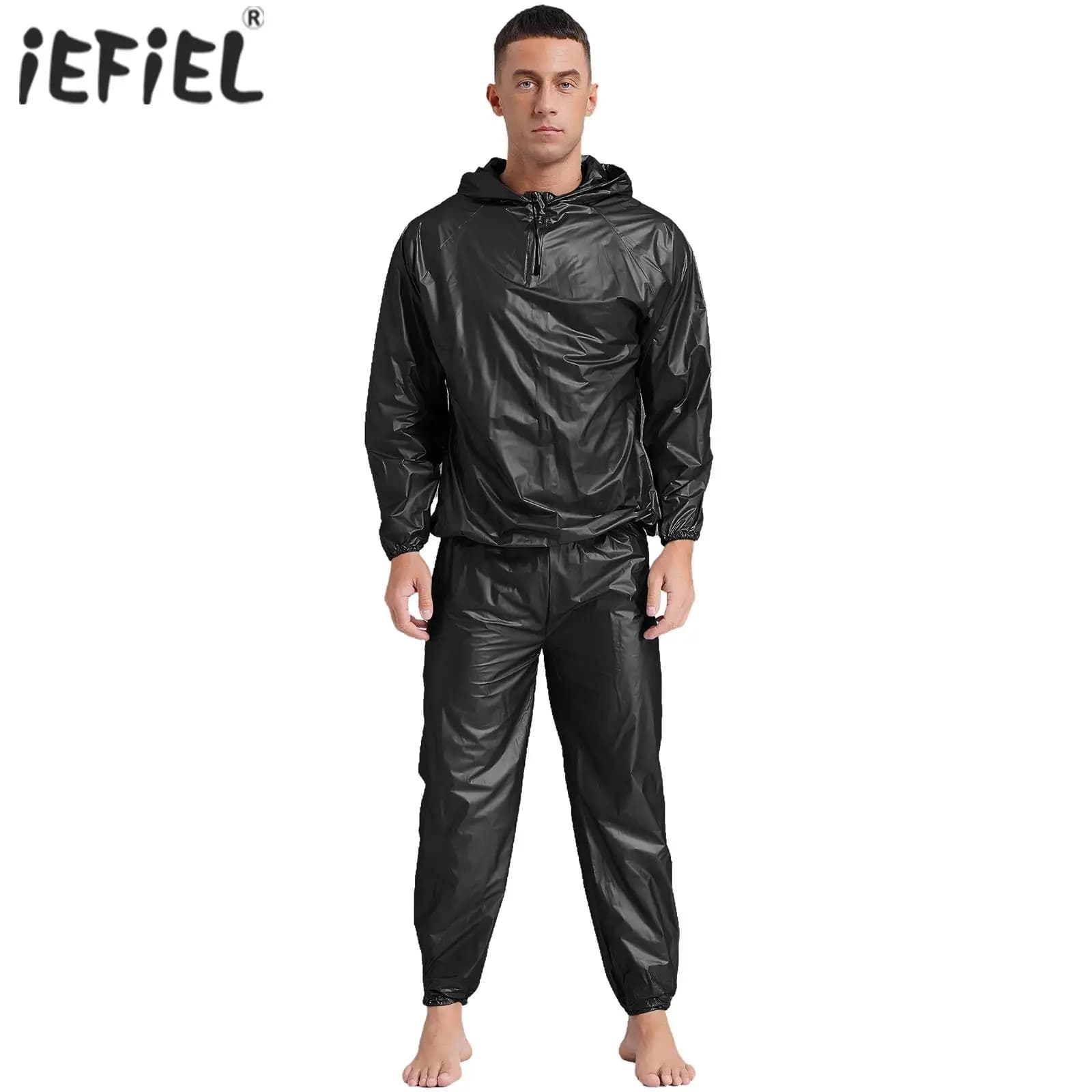 Herren-Sportoutfits, Sauna-Schweiß-Sets, langärmelige Kapuzenjacke, Oberbekleidung und lange Hosen, PVC-Schwitzanzug für Fitnessstudio, Workout,