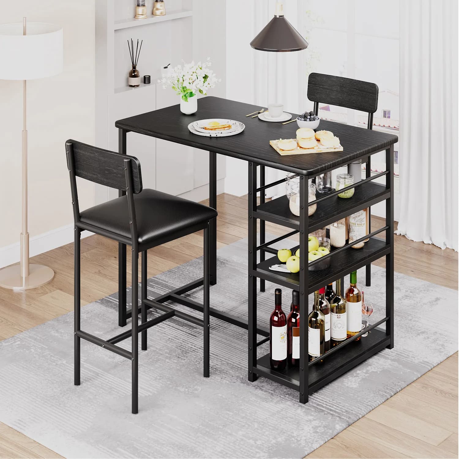 Platzsparendes Esszimmer-Set Bartisch & Gepolsterte Stühle, 3 Große Aufbewahrungsregale, Perfekt für Kleine Küchen-Frühstücksecke