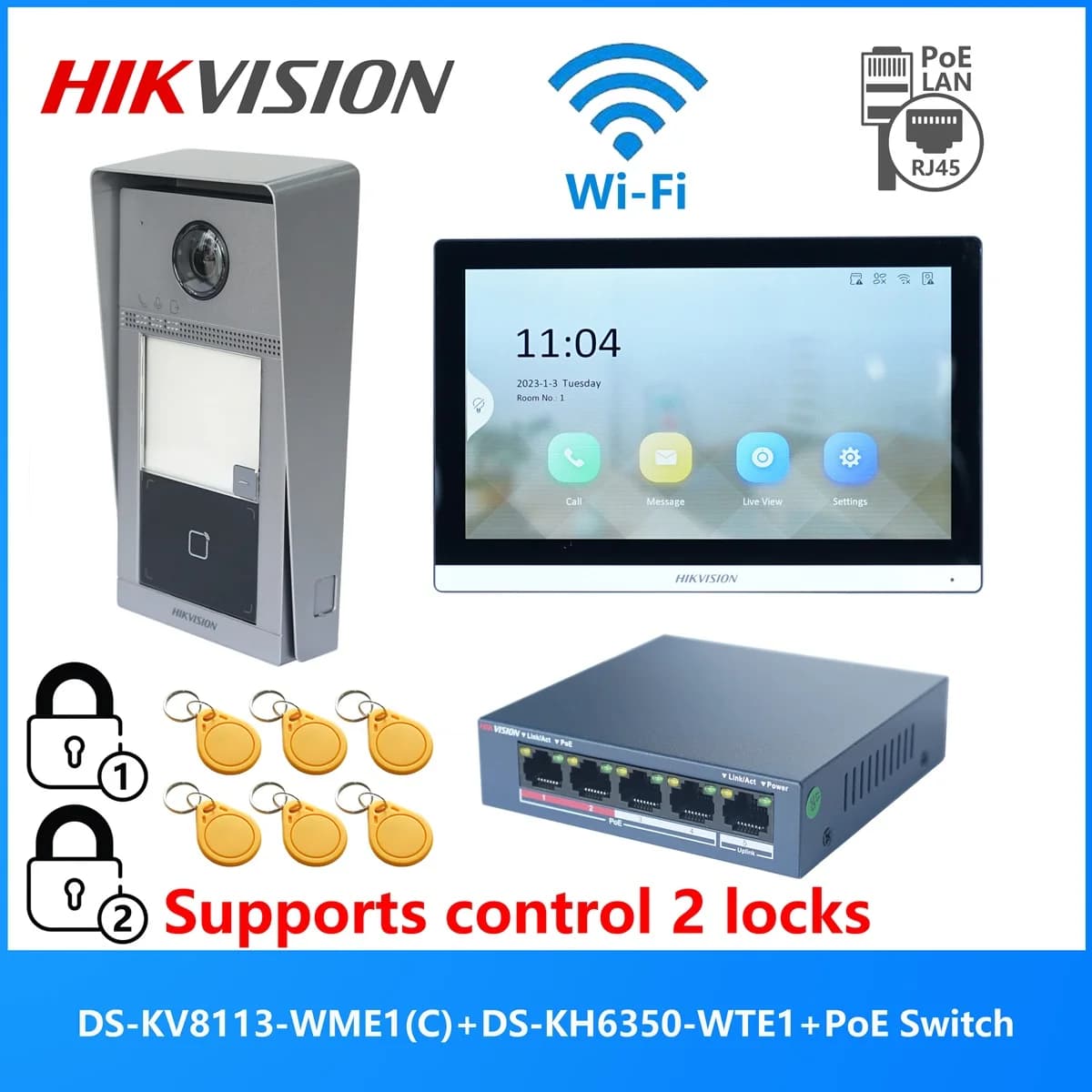 HIKVISION Original mehrsprachiges POE-Video-Gegensprechanlage-KIT, einschließlich DS-KV8113-WME1(C) und DS-KH6350-WTE1 und PoE-Switch