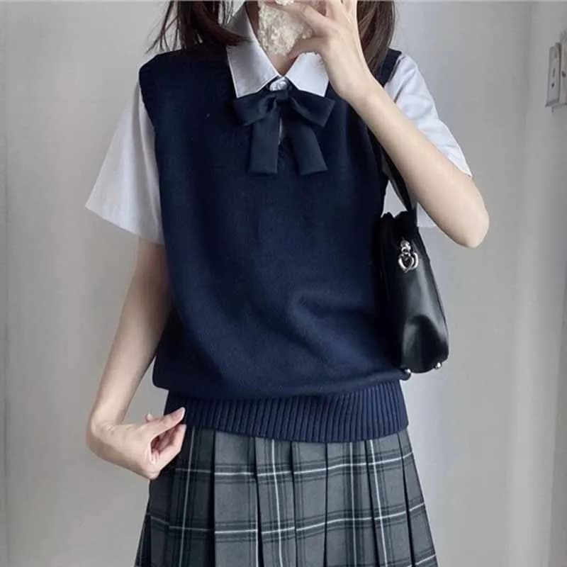 Ärmellose Pulloverweste im College-Stil für Damen, Preppy-Stil, All-Match-Schulmädchen, JK-Strickweste, solide Basic-Strickweste
