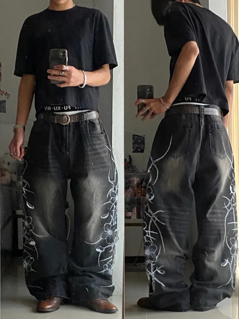 Y2K Vintage Baggy-Jeans mit schwarzem Dornen-Print, Harajuku-Trendmarke, für Männer und Frauen, Street-Hip-Hop-Mode, lässige Paar-Weitbein-Hose