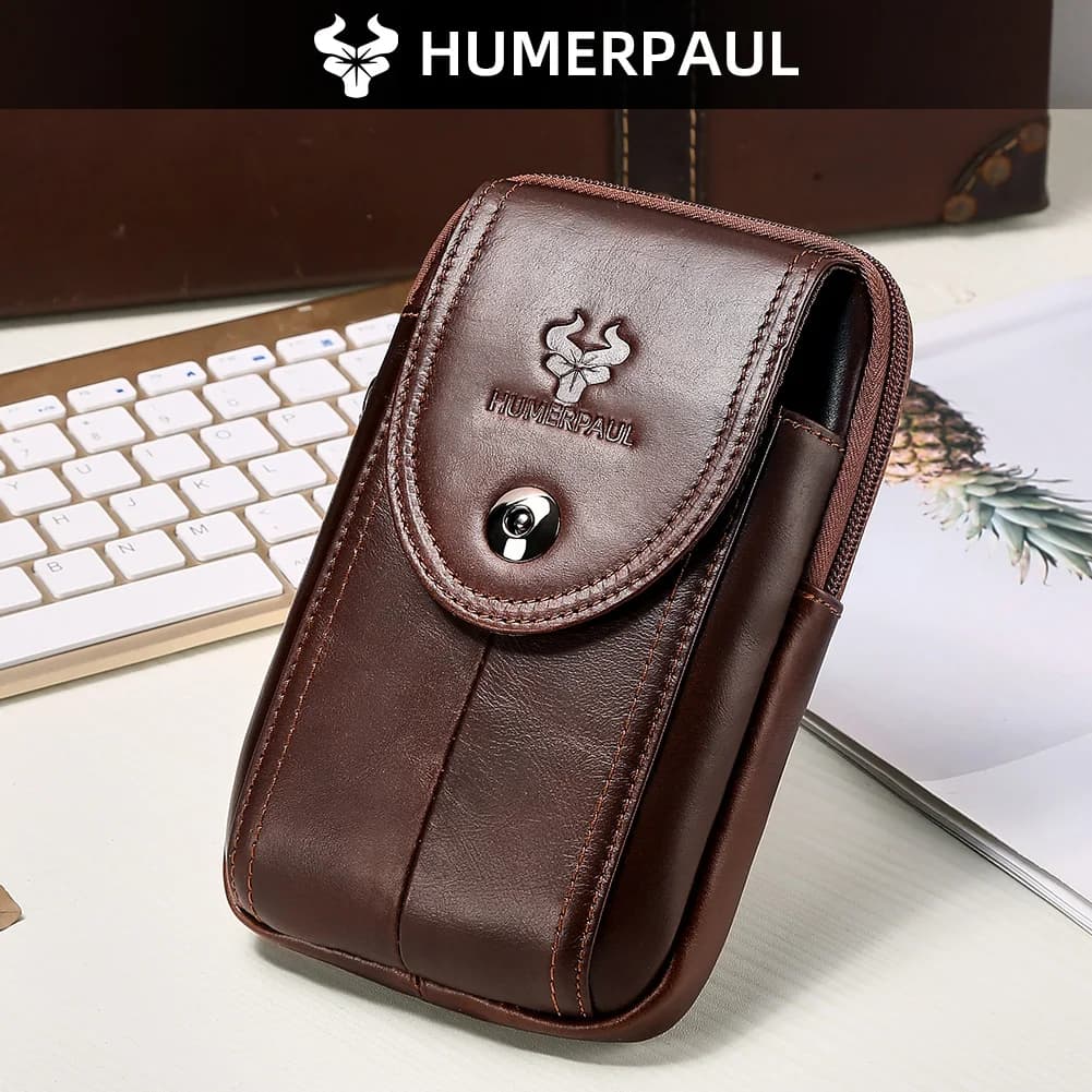 HUMERPAUL Herren-Hüfttasche aus echtem Leder, kleine Messenger-Schultertasche, Handytasche, lässiger Outdoor-Gürtel, Gürteltasche, trinkbar