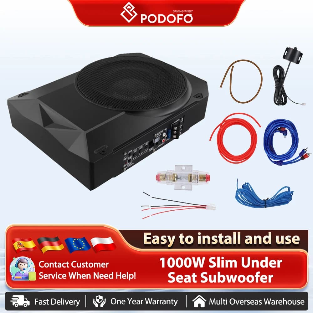 Podofo 10-Zoll Slim Aktiv-Subwoofer für unter den Sitz, 1000W Auto-Bass-Subwoofer, Audio-Musikplayer, Audio-Verstärker-Lautsprecher für Auto- und