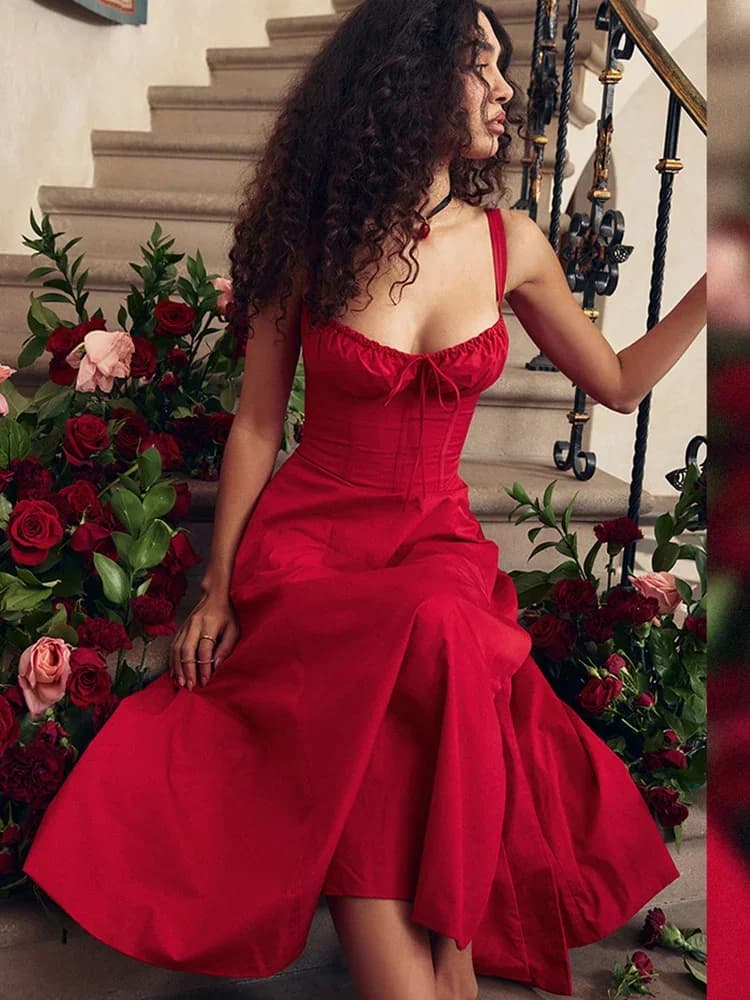 Suninheart Elegantes A-Linien-Midikleid, sexy Spaghettiträger, Schnürung, rot, Urlaubsparty-Kleider, Sommerkleider für Damen, 2024, Großhandel