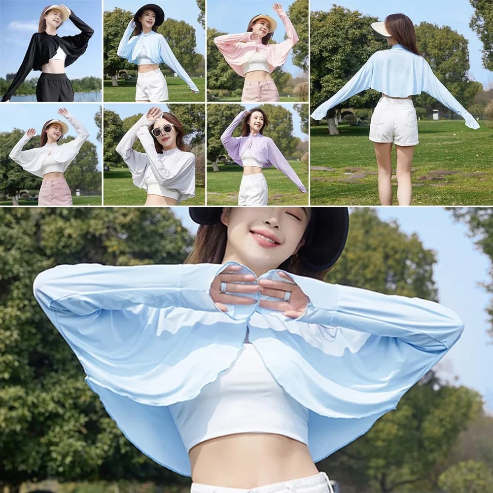 Neuer Lässiger Damen-Sonnenschutz-Umhang Einfarbiger Langarm-Sonnenschutz-Umhang Atmungsaktiver Eisseide-Dünner Mantel für den Sommer im Freien