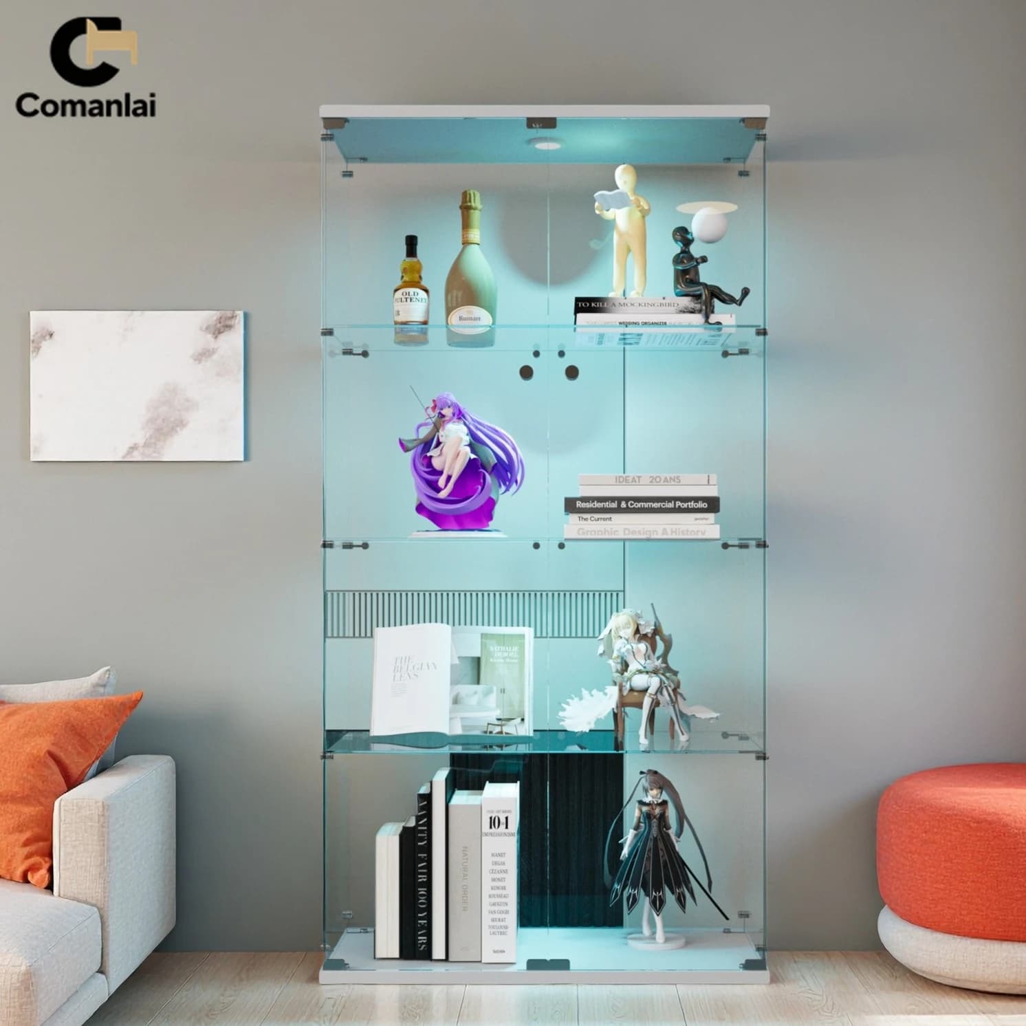 Comanlai Display Ständer Glasvitrine mit 4 Regalen, LED-Leuchten und Schloss, Vitrine mit 2 Glastüren, 80,5 x 36,5 x 163,9 cm