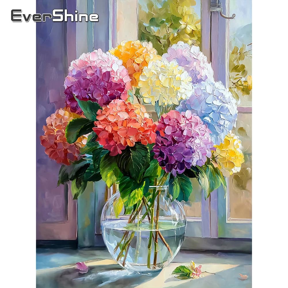 EverShine Diamant-Gemälde mit Blumen, quadratisch, vollflächig, Diamant-Stickerei, Hortensien, Strass-Bild, DIY-Mosaik, Vasen-Dekoration für