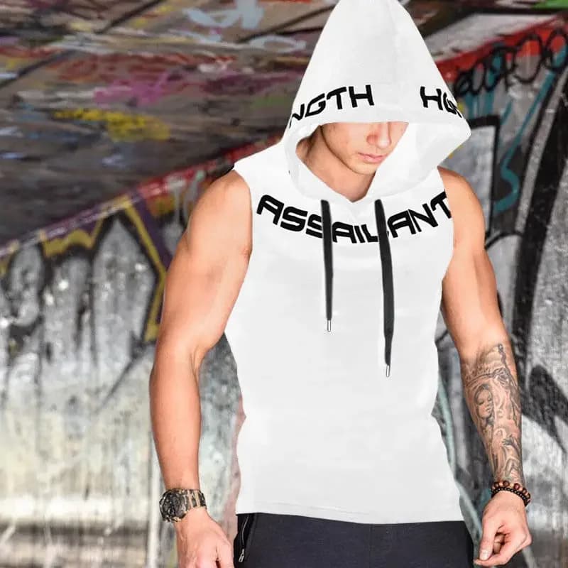 Fitness Laufen Basketball Sport Tank Top Männer Kapuze Kordel zug gedruckt Brief lose lässig ärmellose schnell trocknende atmungsaktive Weste