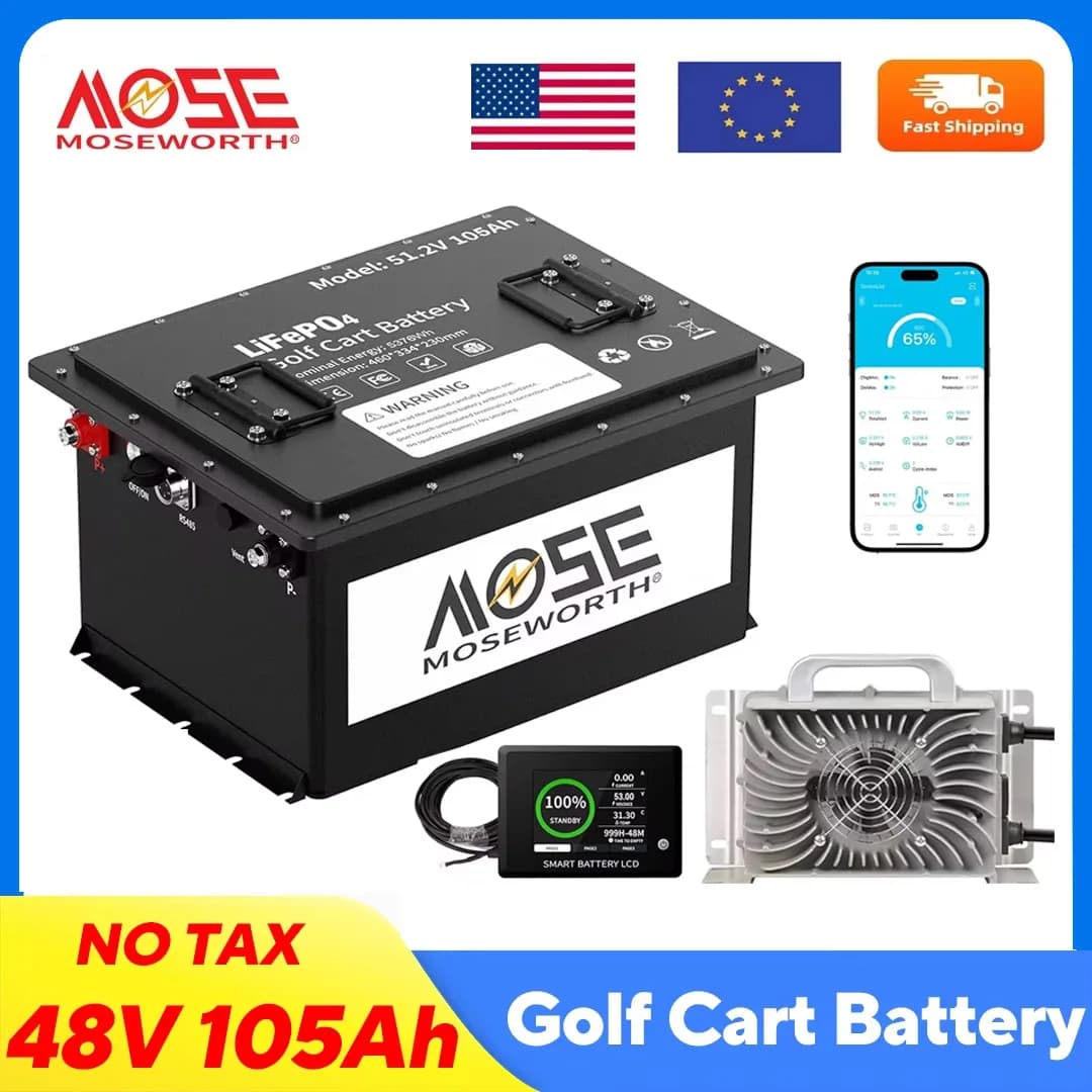 MOSEWORTH 48V 105Ah Golfwagen-Lithiumbatterie, integriertes Smart 200A BMS mit Touch-Monitor und Ladegerät, APP-unterstützt, max. 10,24 kW