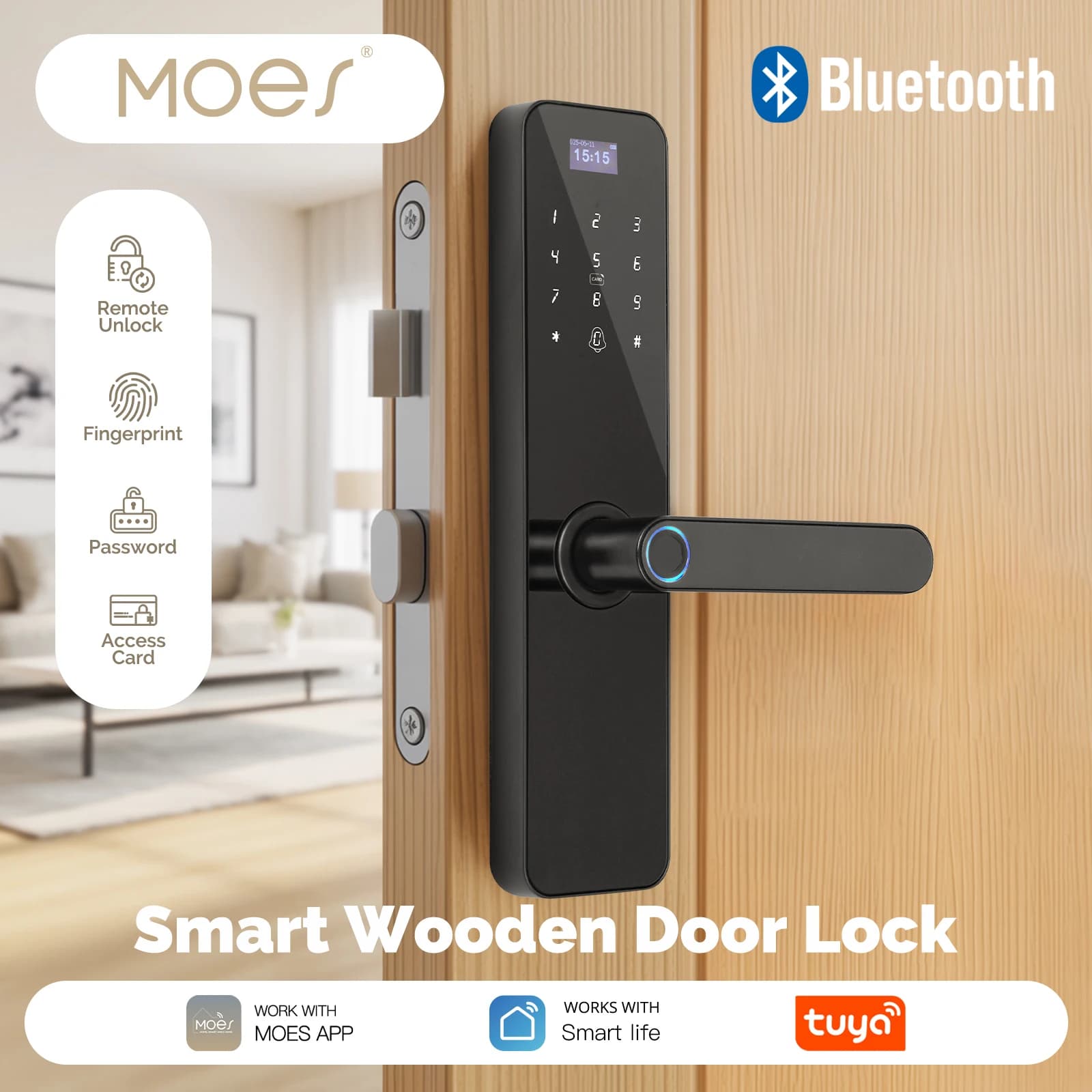 MOES Bluetooth Smart Holz Türschloss Innen Passwort Fingerabdruck Fernentriegelung Schlüsselkarte mit Bildschirm Sabotage Alarm batteriebetrieben