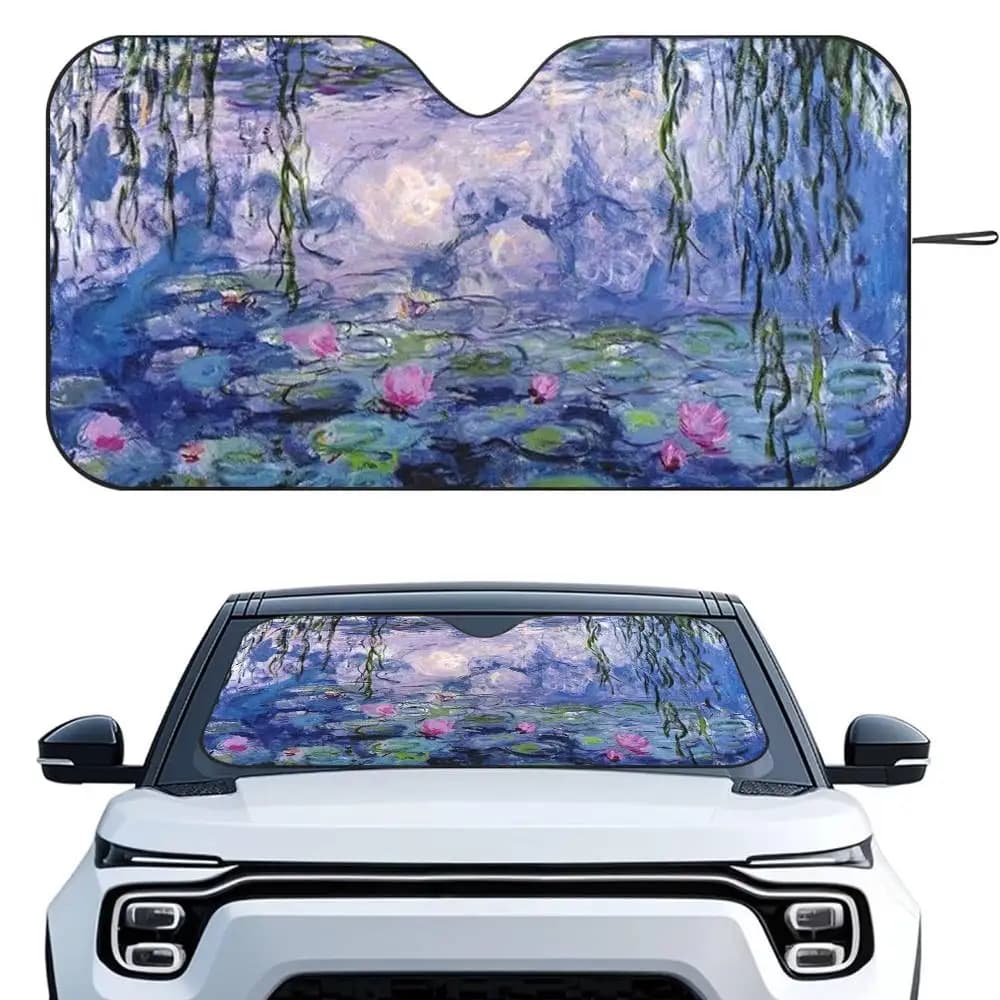 Claude Monet Malerei Kunst Auto Sonnenschutz Wärmeisolierende Aluminiumfolie Wiederverwendbare Saugnapfblöcke UV-Strahlen Auto Sonnenblende Schutz