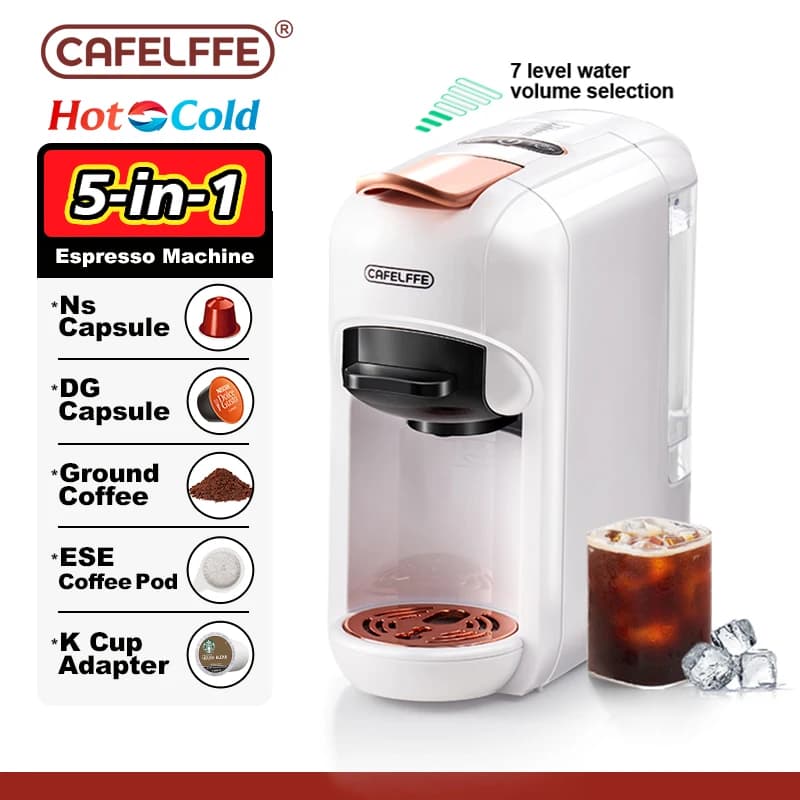 Cafelffe 5-in-1-Kapselkaffeemaschine, passend für Dolce Gusto Nespresso-Kapsel ESE-Pod, gemahlener Kaffee, K-Tasse, 19 Bar, heiß/kalt, Geschenk