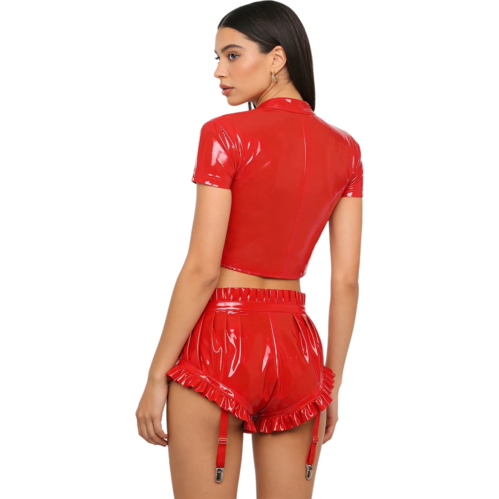 Damen Clubwear-Outfits aus PU-Leder im Wet-Look, kurzärmliges Push-up-Crop-Top mit Ausschnitten und Bloomer-Shorts mit Strumpfhalterclips