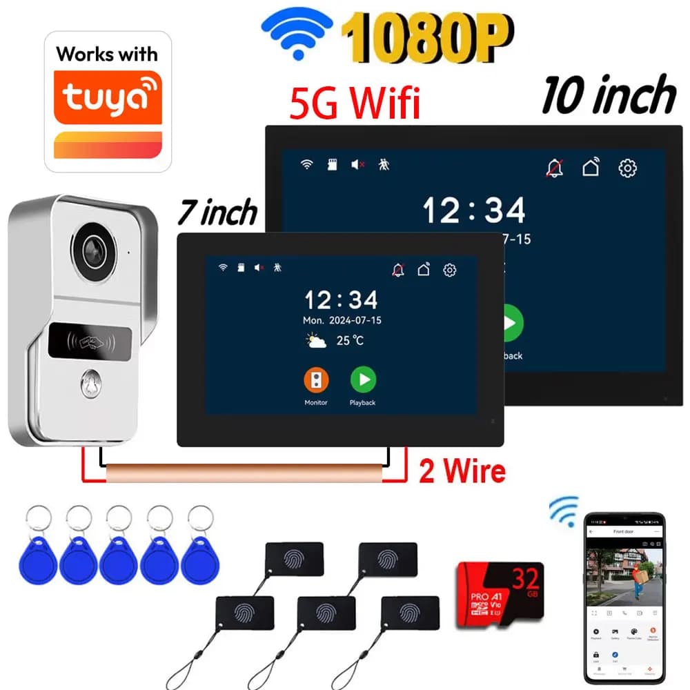 HD 1080P 2-Draht 7/10 Zoll Touch-Monitor WLAN-Gegensprechanlage Video-Türklingel-System für Zuhause Tuya Smart Life APP