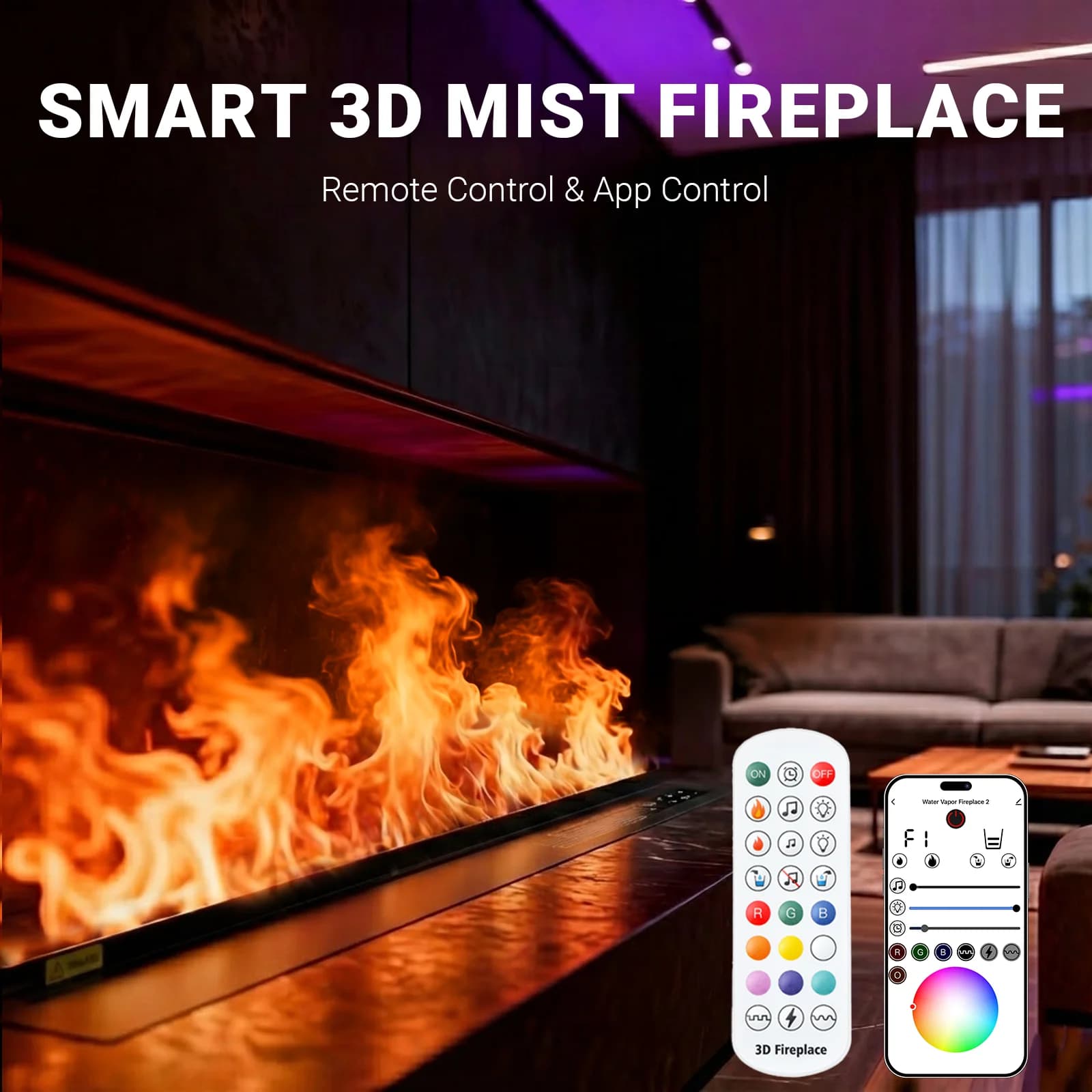 Smart Home 3D-Kamin mit Wasserdampf-Luftbefeuchter, LED-Dekorflamme, TV-Wand, Klang von Brennholzknirschen, Dampf-Elektrokamin