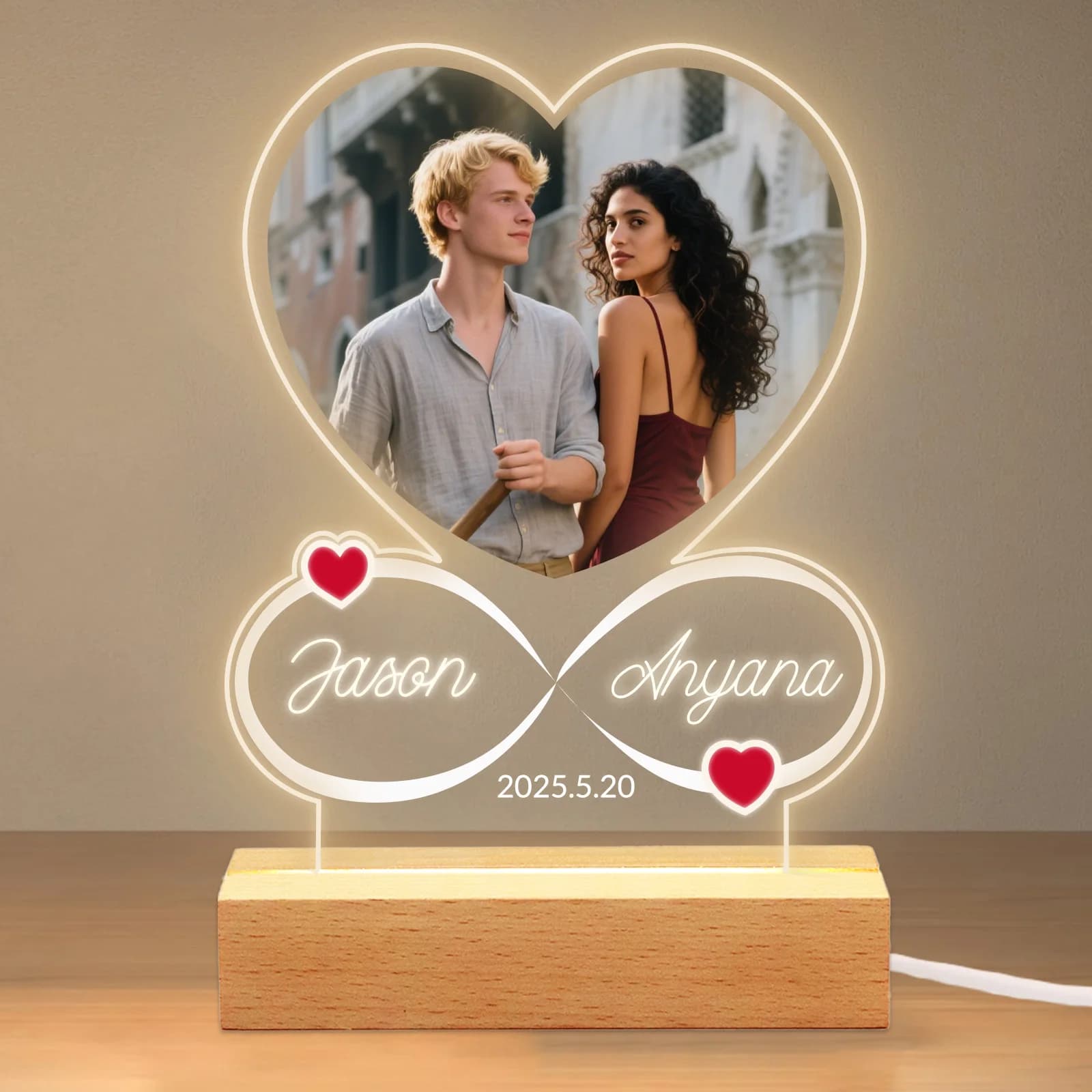 Personalisiertes Geschenk für Paare für Frauen und Männer, individueller Acryl-Fotorahmen, Nachtlicht-Herz, romantisches