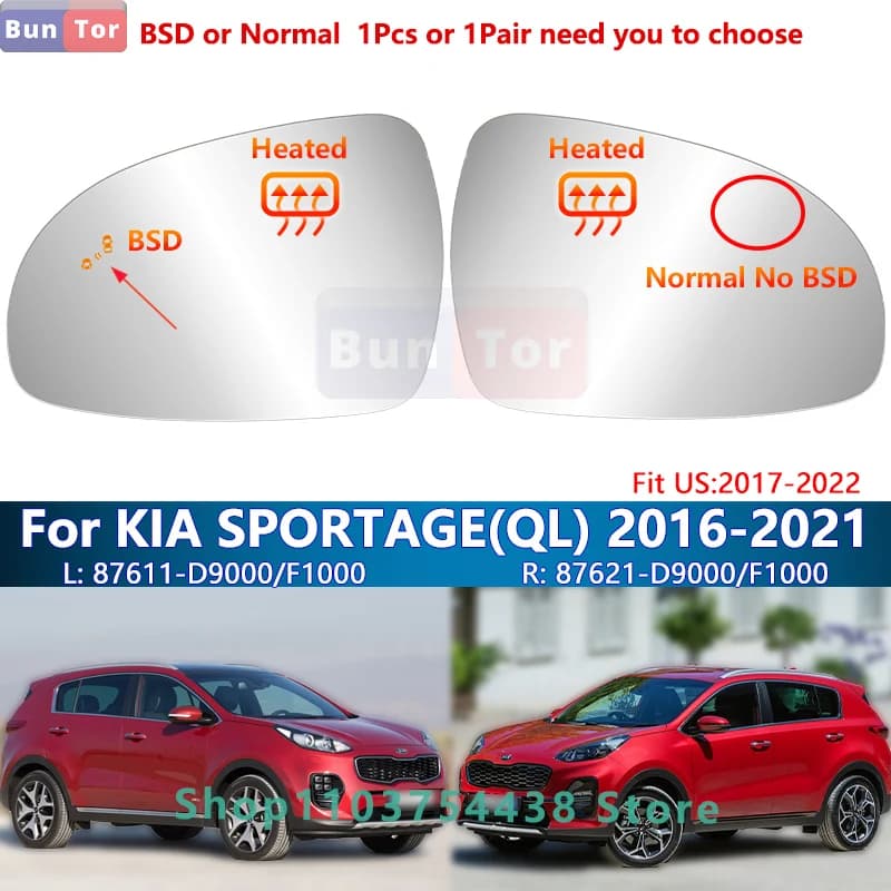 Mit BSD beheiztem Rückspiegelglas für Kia SPORTAGE # 4. QL #   2016–2021 passend für US 2017–2022/87611-D9000 F1000/Flügelspiegelobjektiv