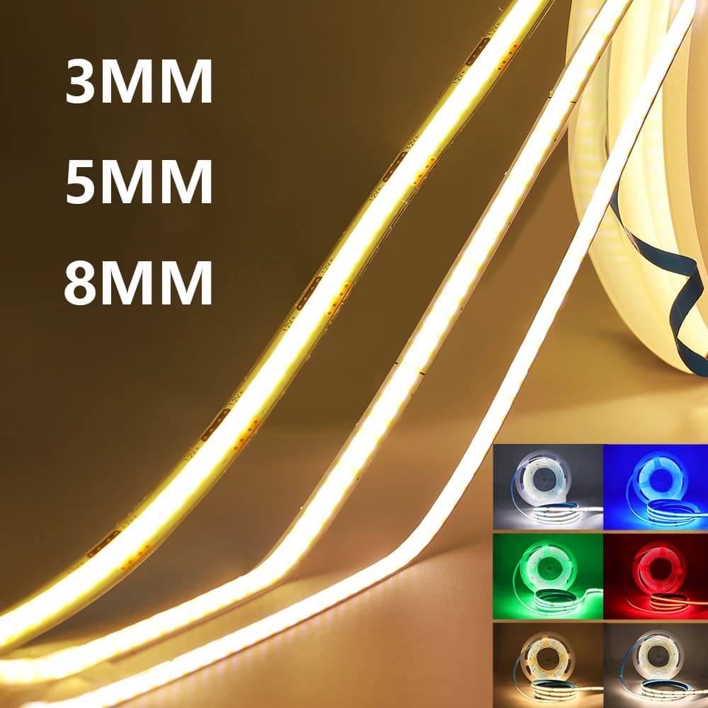 3 mm, 5 mm, 8 mm, PCB-COB-LED-Streifen, 5 V, 12 V, 24 V, 320 LEDs/m, hohe Helligkeit, flexibles Klebeband, warm, natürlich, weiß, rot, grün, blau,