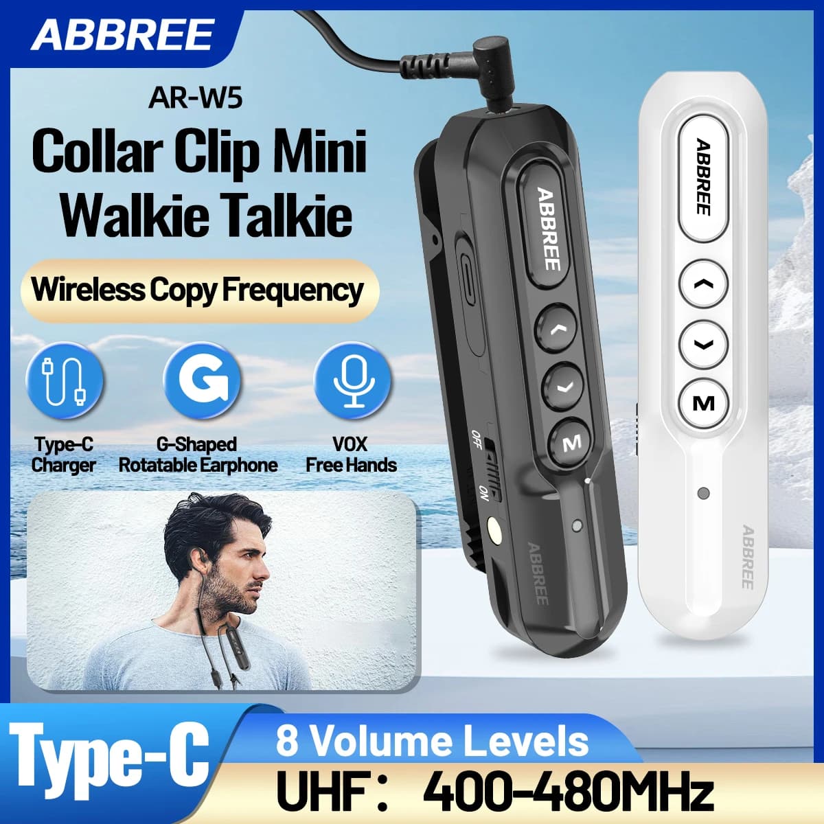 ABBREE AR-W5 Kragenclip, Mini-Walkie-Talkie, kabellose Kopierfrequenz, 8 Lautstärkeregelung, 20 Kanäle, Typ-C-Ladegerät, UHF-Freisprechfunkgerät