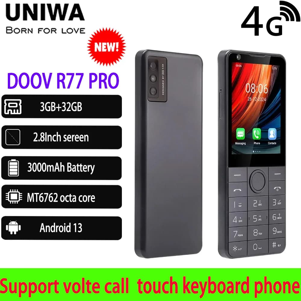 DOOV R77 Pro 4G Touch-Tastatur Google Mobiltelefon 2,8-Zoll-Bildschirm 3 GB + 32 GB Android13 5 MP WhatsApp Mehrsprachiges Tastatur-Handy