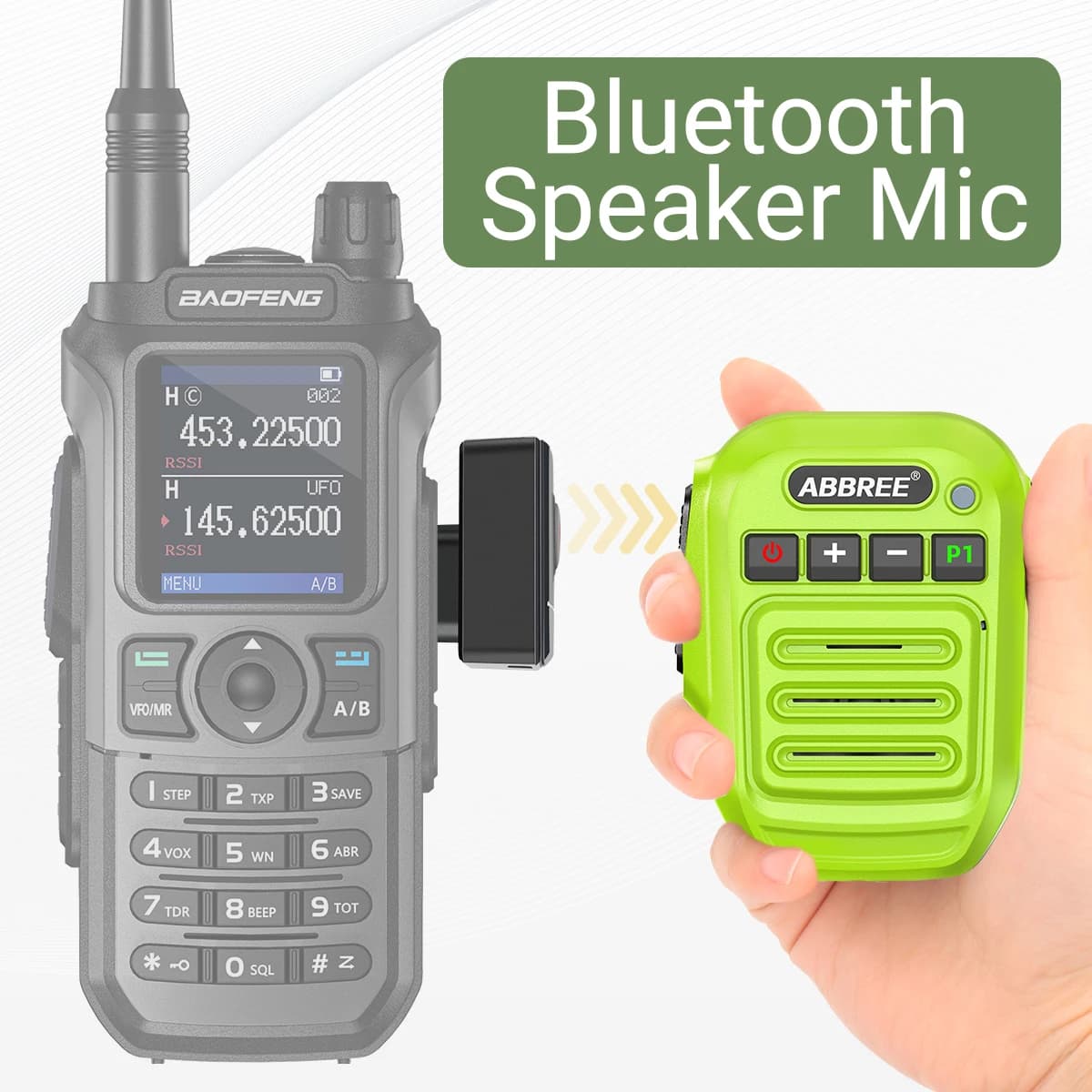 ABBREE Drahtloses Mikrofon Bluetooth PTT Freisprech-Lautsprechermikrofon für Baofeng UV-5R UV-21 BF-888S Quansheng UV-K5(8) UV-5R Plus