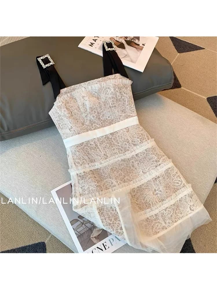 Französisch Vintage Kleider Frauen Mode Sexy Spitze Ärmellose Elegante Mini Kleider 2023 Sommer Schlank Party A-line Vestidos Y2k Mujer