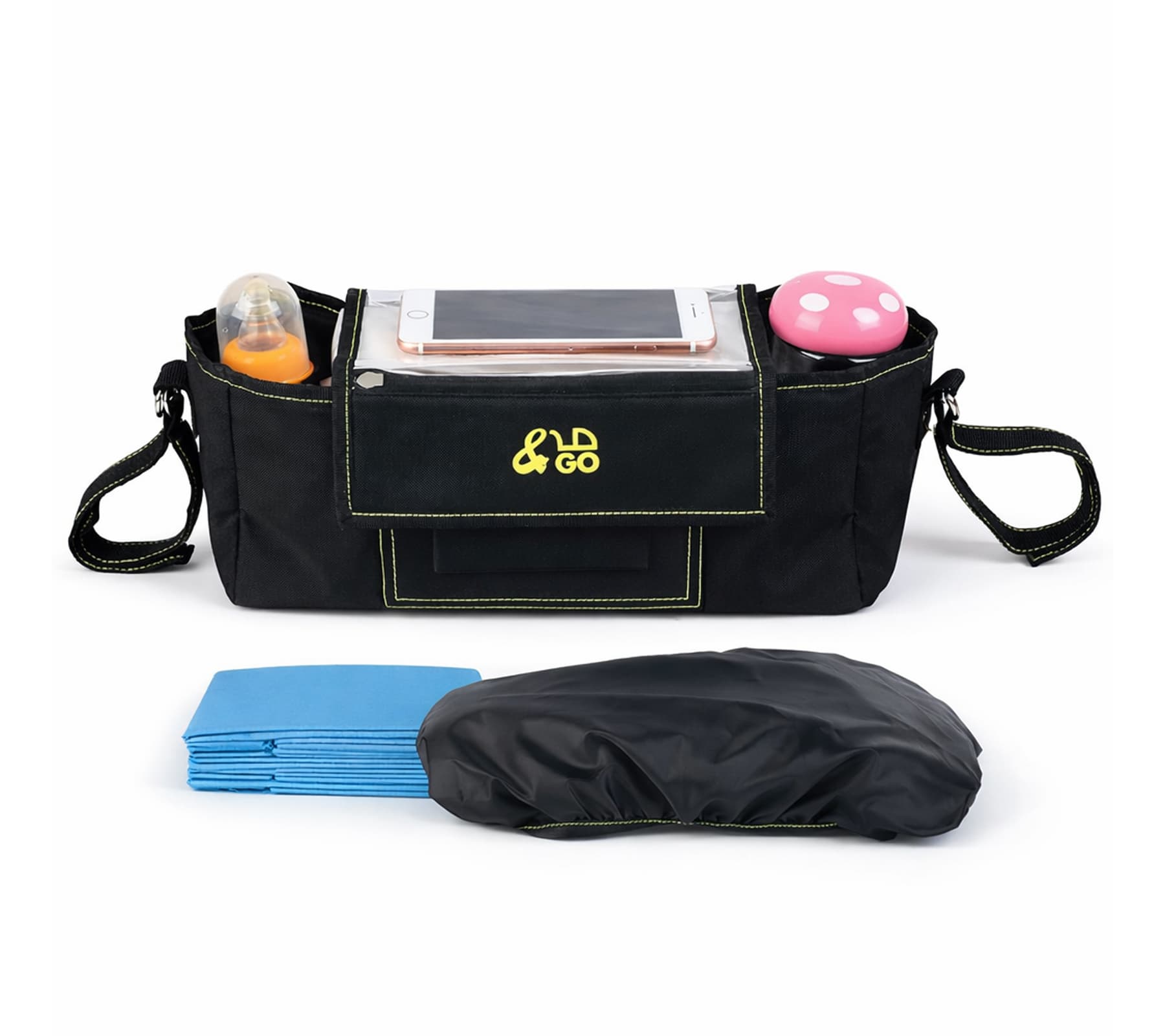 &GO Kinderwagen Organizer inkl. 5 Wickelunterlagen Universal Buggy Tasche mit transparentem Smartphone-Fach Regenschutz Getränkehalter & viel