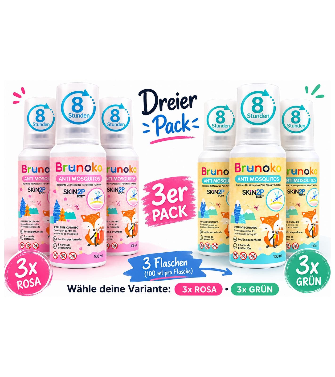 3er Pack Brunoko Anti-Mücken-Spray für Babys schützt vor Mücken und Bettwanzen geeignet für Körper und Gesicht von Säuglingen Baby-Lotion 8