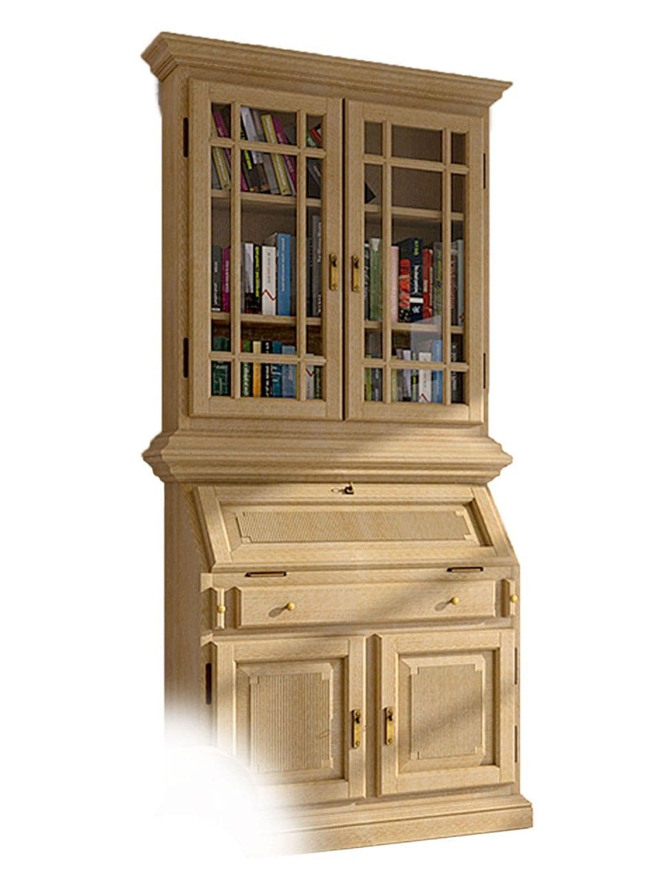 Sekretär Duett mit Aufsatz-Schrank B 103 H 212 cm Pinie massiv Pinie karamell mit LED-Beleuchtung 